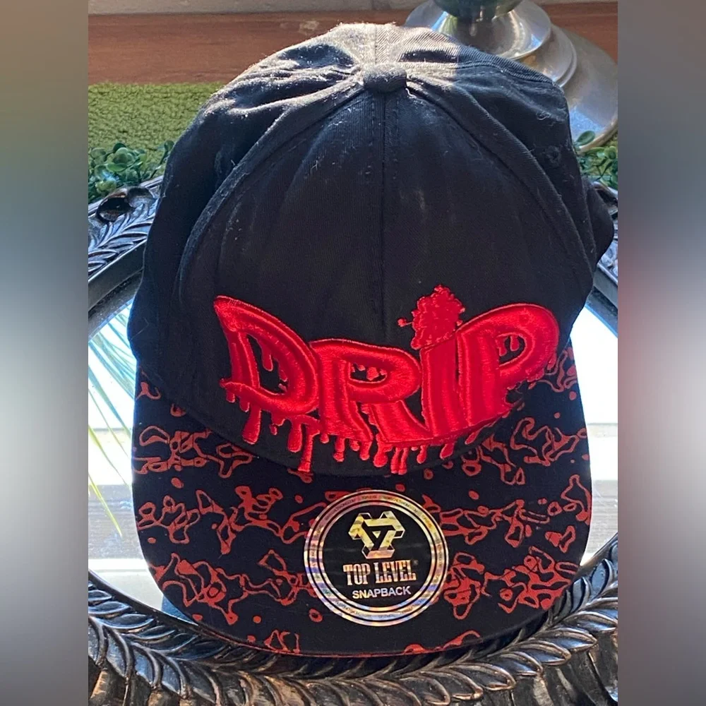DRIP Embroidered Black and Red Snapback Hat - Top Level
